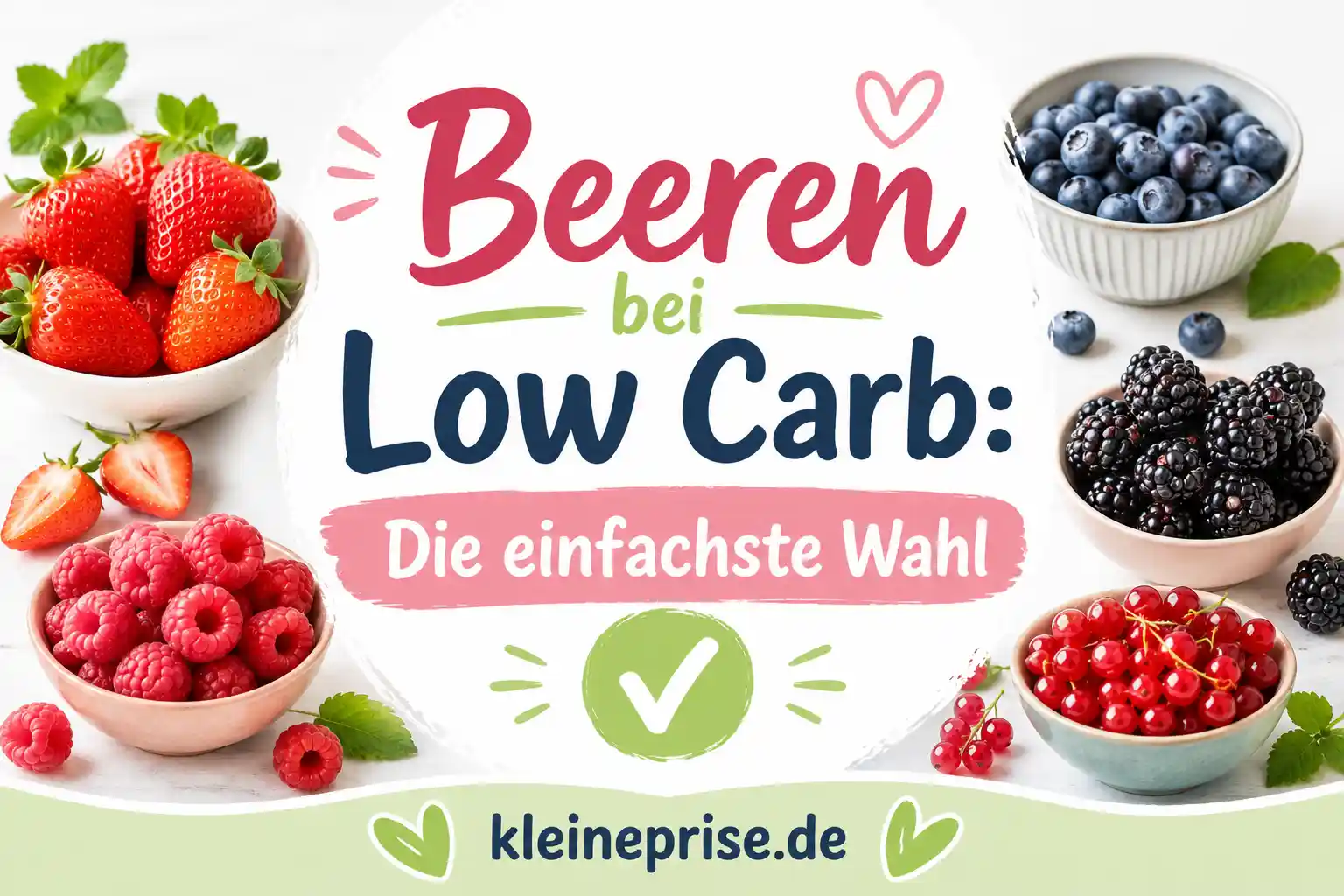 Beeren bei Low Carb Infografik zeigt Beeren bei Low Carb mit Erdbeeren, Himbeeren, Brombeeren, Heidelbeeren und Johannisbeeren als einfache Obstwahl.