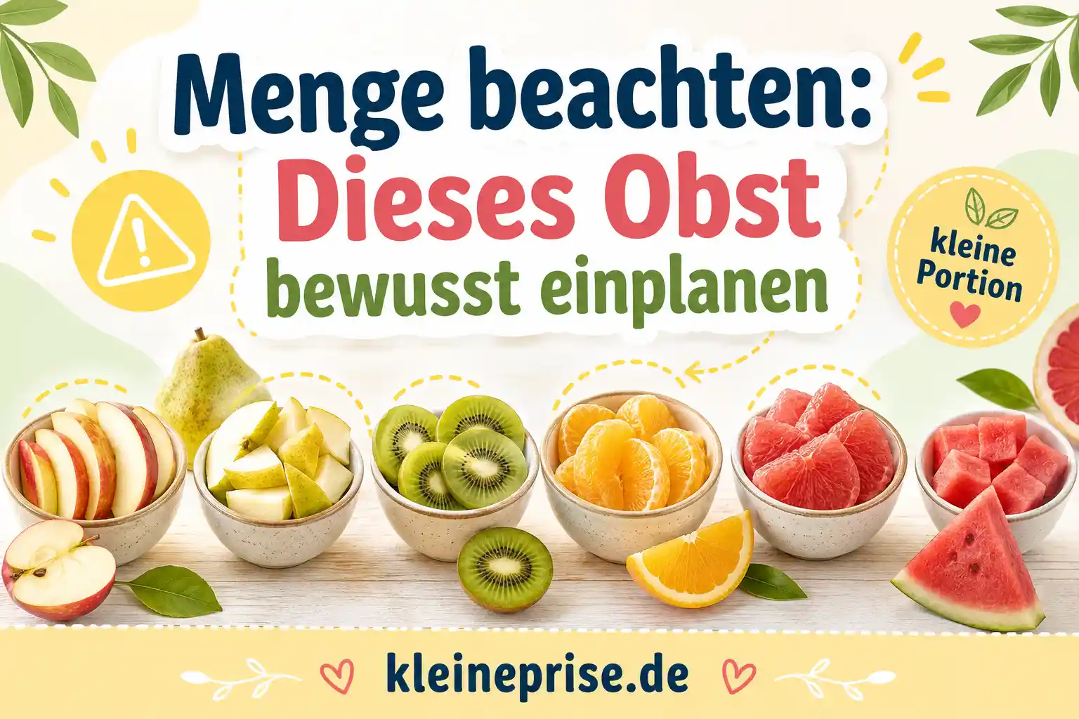 Menge beachten bei Low Carb Obst Infografik zeigt Obstsorten, bei denen man bei Low Carb die Menge beachten sollte, mit Apfel, Birne, Kiwi, Orange, Grapefruit und Wassermelone.