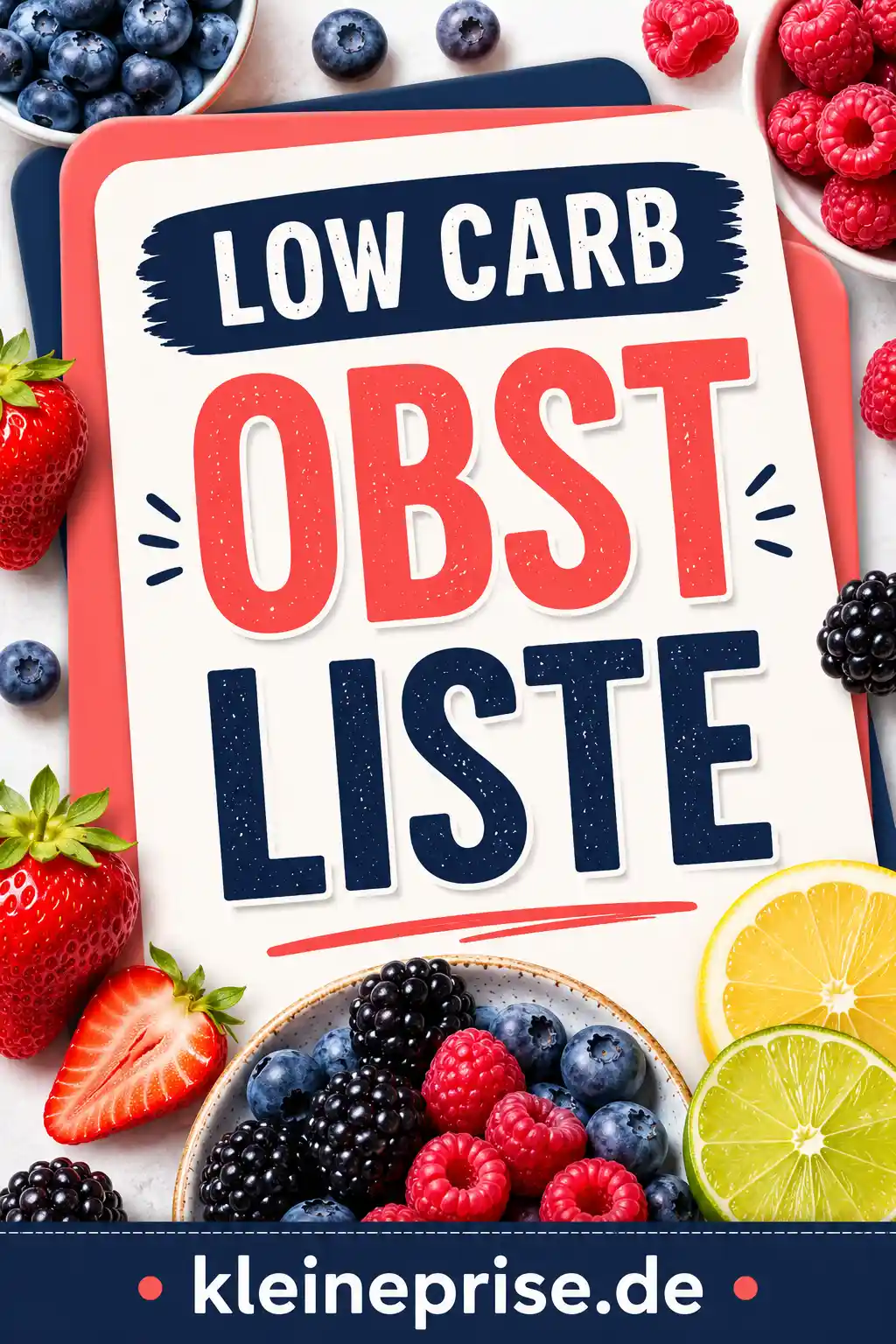Low Carb Obst Liste Pinterest Pin Pinterest-Grafik mit dem Schriftzug Low Carb Obst Liste, verschiedenen Beeren, Zitrusfrüchten und dem Webseitennamen kleineprise.de.