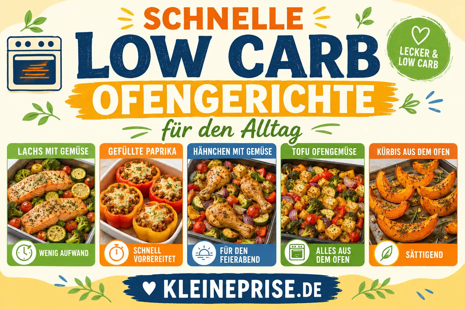 Schnelle Low Carb Ofengerichte für den Alltag Infografik Schnelle Low Carb Ofengerichte für den Alltag mit Lachs, gefüllter Paprika, Hähnchen, Tofu und Kürbis aus dem Ofen