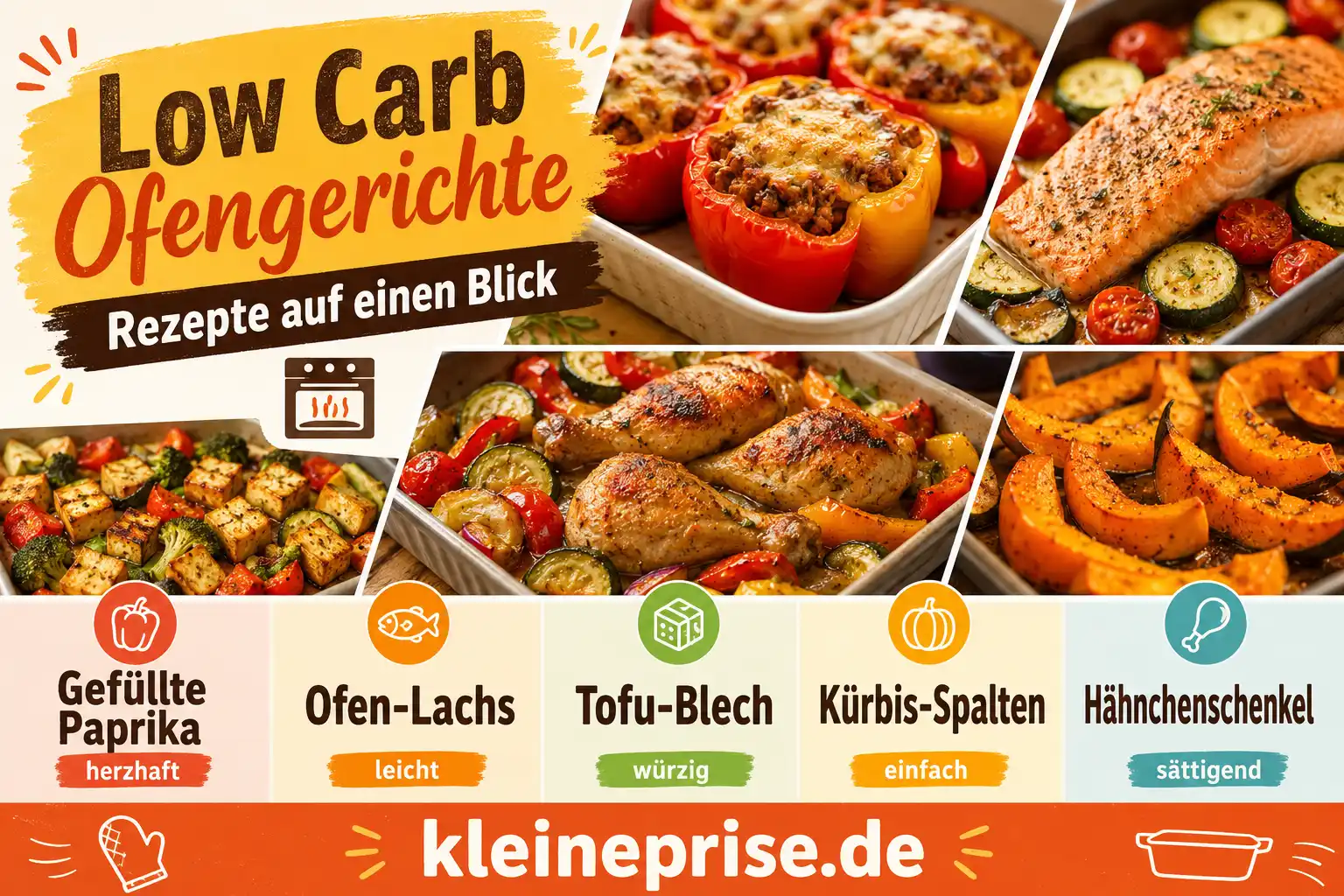 Low Carb Ofengerichte Rezepte auf einen Blick Infografik Low Carb Ofengerichte Rezepte auf einen Blick mit gefüllter Paprika, Ofen-Lachs, Tofu-Blech, Kürbis-Spalten und Hähnchenschenkel