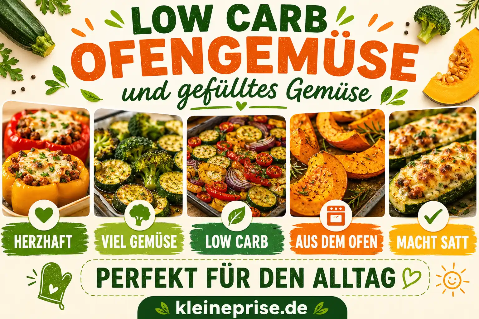 Low Carb Ofengemüse und gefülltes Gemüse Infografik Low Carb Ofengemüse und gefülltes Gemüse mit gefüllter Paprika, buntem Ofengemüse, Kürbis aus dem Ofen und Gemüseblech