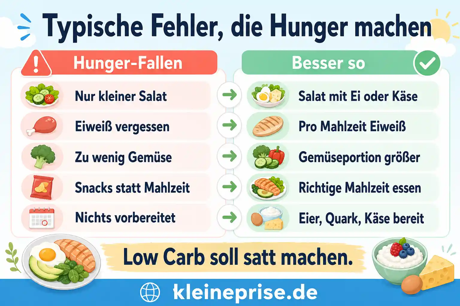 Typische Fehler, die Hunger machen Infografik zeigt typische Low-Carb-Fehler, die Hunger machen, und einfache bessere Lösungen für sättigende Mahlzeiten.