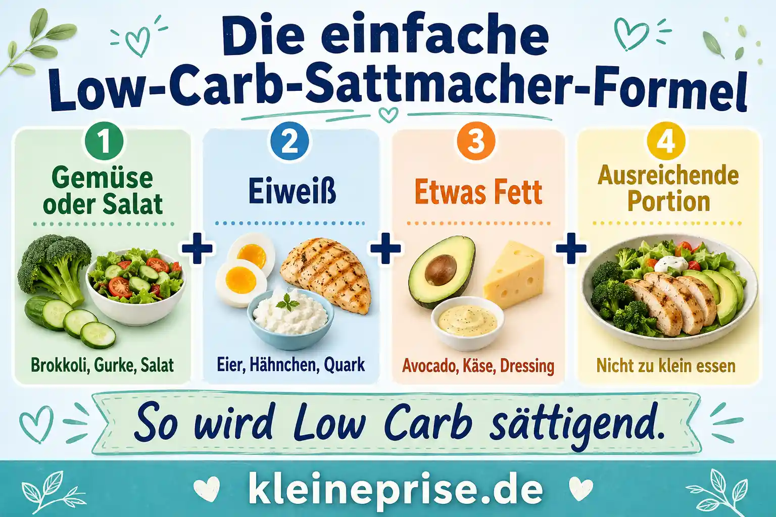 Die einfache Low-Carb-Sattmacher-Formel Infografik zeigt die einfache Low-Carb-Sattmacher-Formel aus Gemüse oder Salat, Eiweiß, etwas Fett und einer ausreichenden Portion.