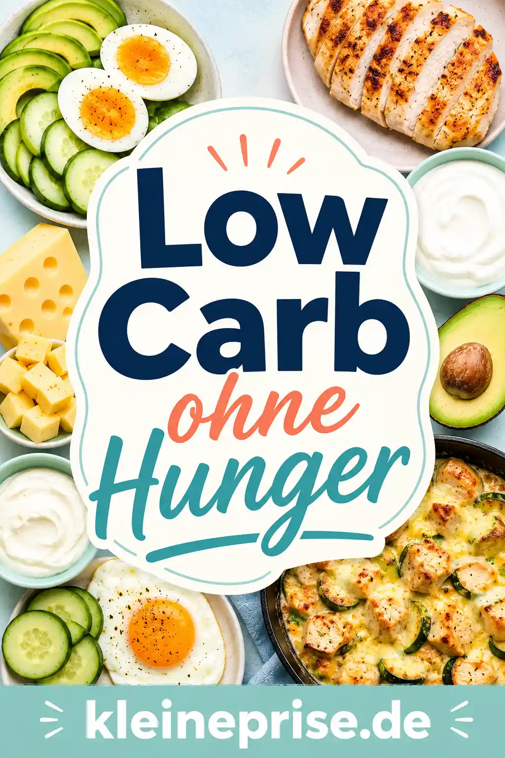 Low Carb ohne Hunger Pinterest Pin Pinterest-Grafik mit dem Schriftzug Low Carb ohne Hunger, sättigenden Low-Carb-Gerichten und dem Webseitennamen kleineprise.de.