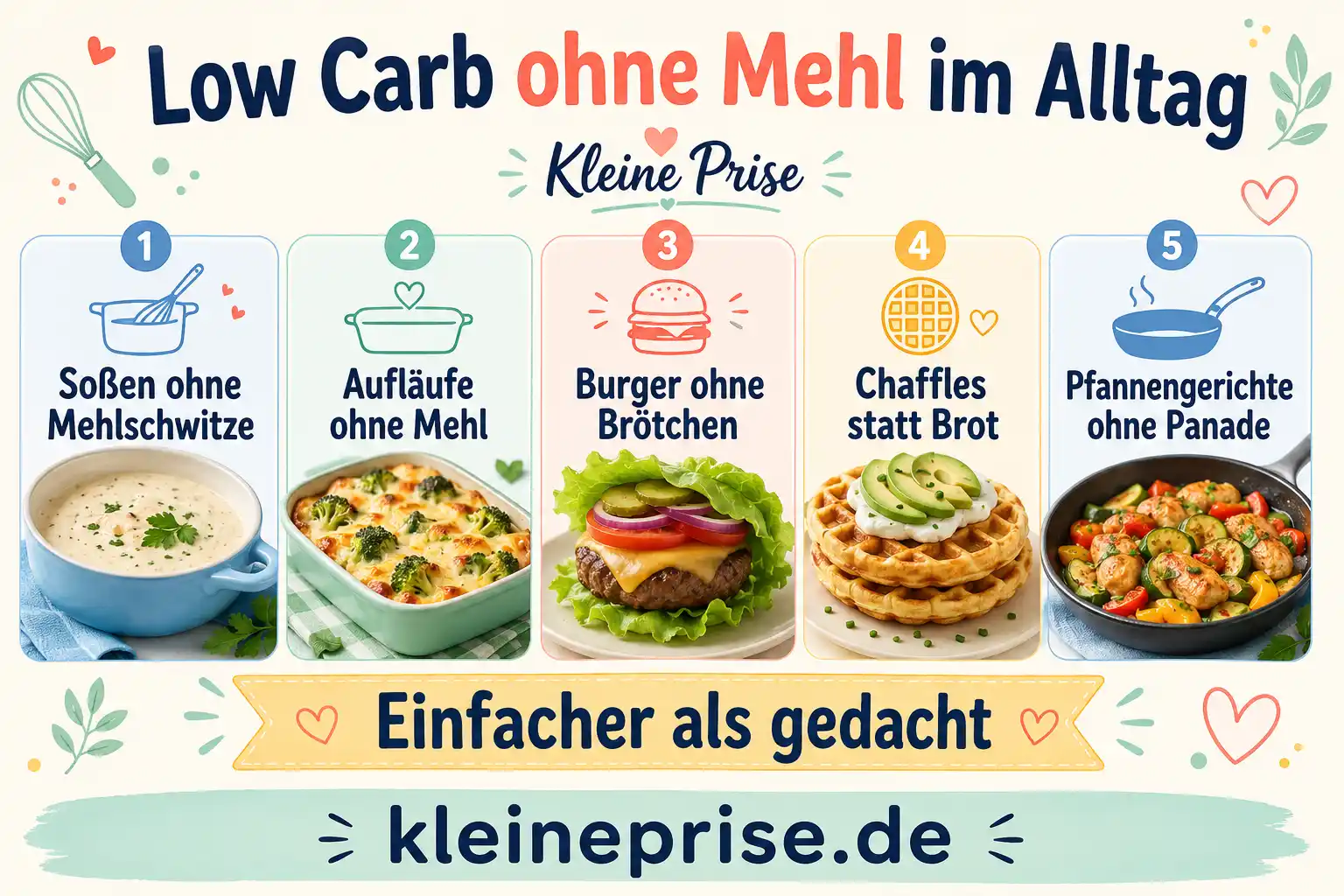 Low Carb ohne Mehl im Alltag Infografik mit alltagstauglichen Ideen für Low Carb ohne Mehl, darunter Soßen ohne Mehlschwitze, Aufläufe ohne Mehl, Burger ohne Brötchen, Chaffles und Pfannengerichte ohne Panade.