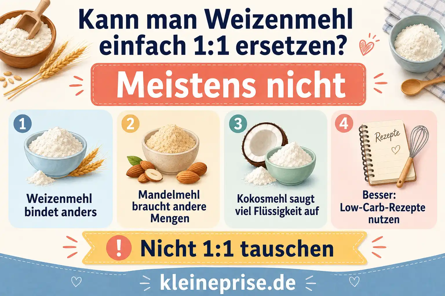 Kann man Weizenmehl 1 zu 1 ersetzen Infografik zur Frage, ob man Weizenmehl 1:1 ersetzen kann, mit Hinweisen zu Mandelmehl, Kokosmehl, Flüssigkeit und Low-Carb-Rezepten.