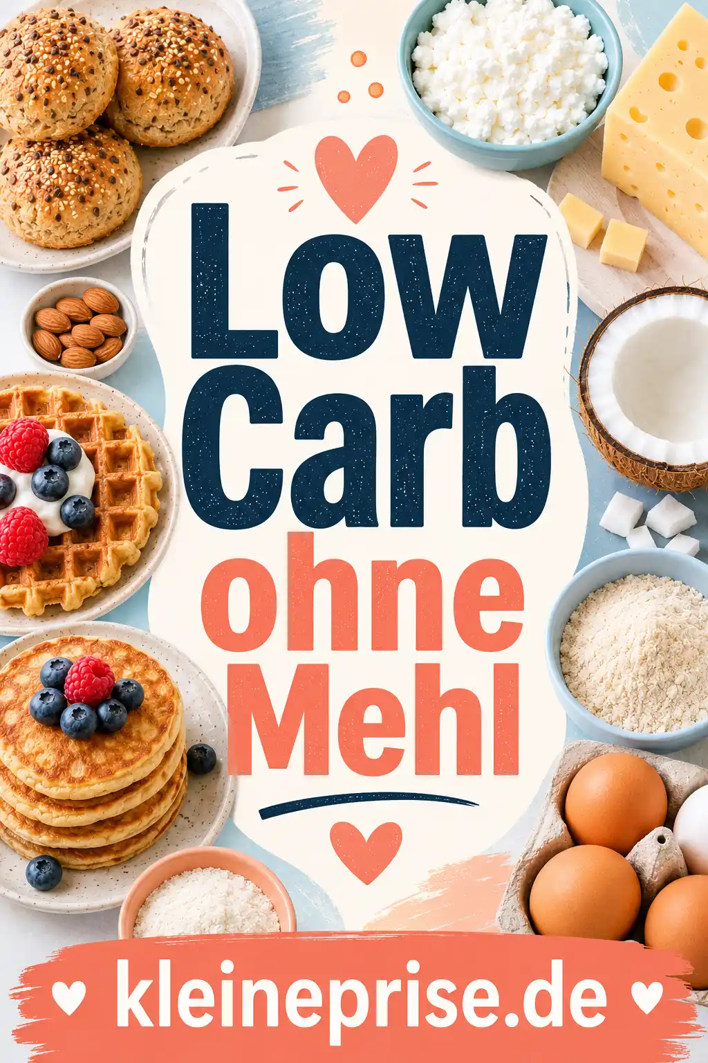 Low Carb ohne Mehl Pinterest Grafik Pinterest-Grafik zu Low Carb ohne Mehl mit auffälligem Schriftzug, hellen Farben und Zutaten wie Eiern, Käse, Quark, Mandeln, Kokos und Mehlalternativen.
