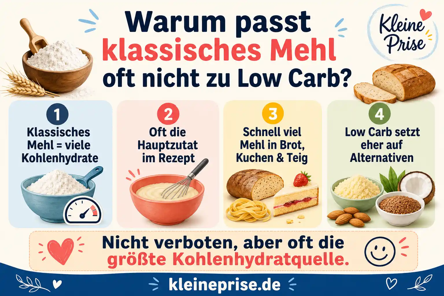 Warum klassisches Mehl oft nicht zu Low Carb passt Infografik erklärt, warum klassisches Mehl oft nicht zu Low Carb passt: viele Kohlenhydrate, häufige Hauptzutat und bessere Alternativen.