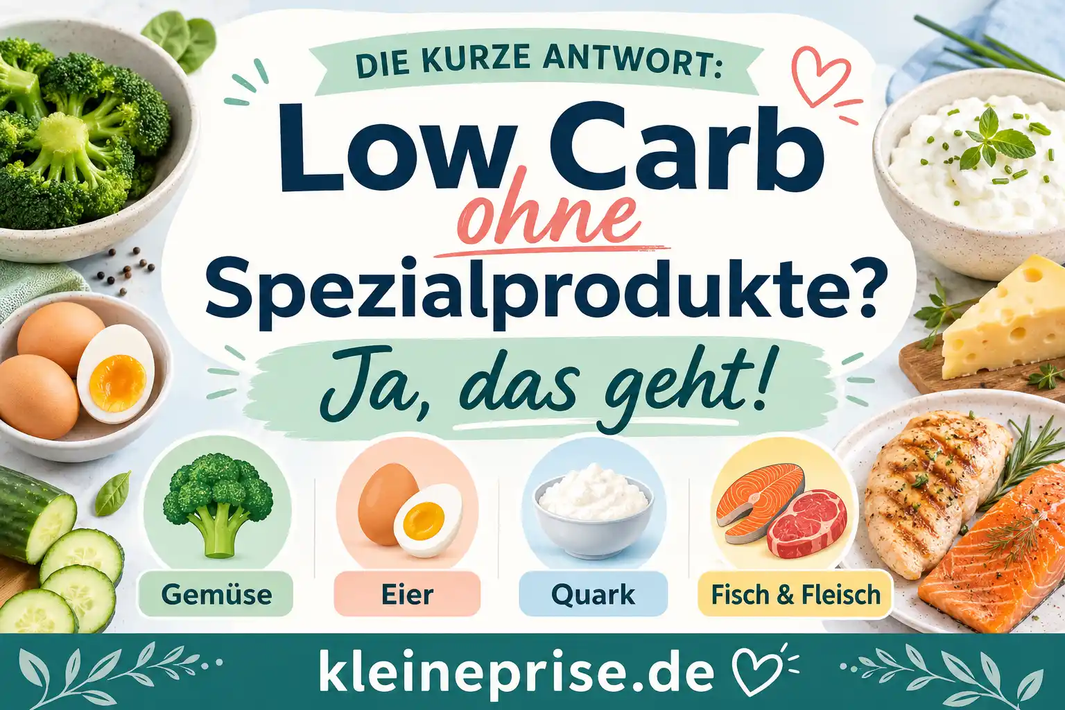 Die kurze Antwort: Geht Low Carb ohne Spezialprodukte? Infografik beantwortet die Frage, ob Low Carb ohne Spezialprodukte geht, und zeigt normale Lebensmittel wie Gemüse, Eier, Quark, Fisch und Fleisch.