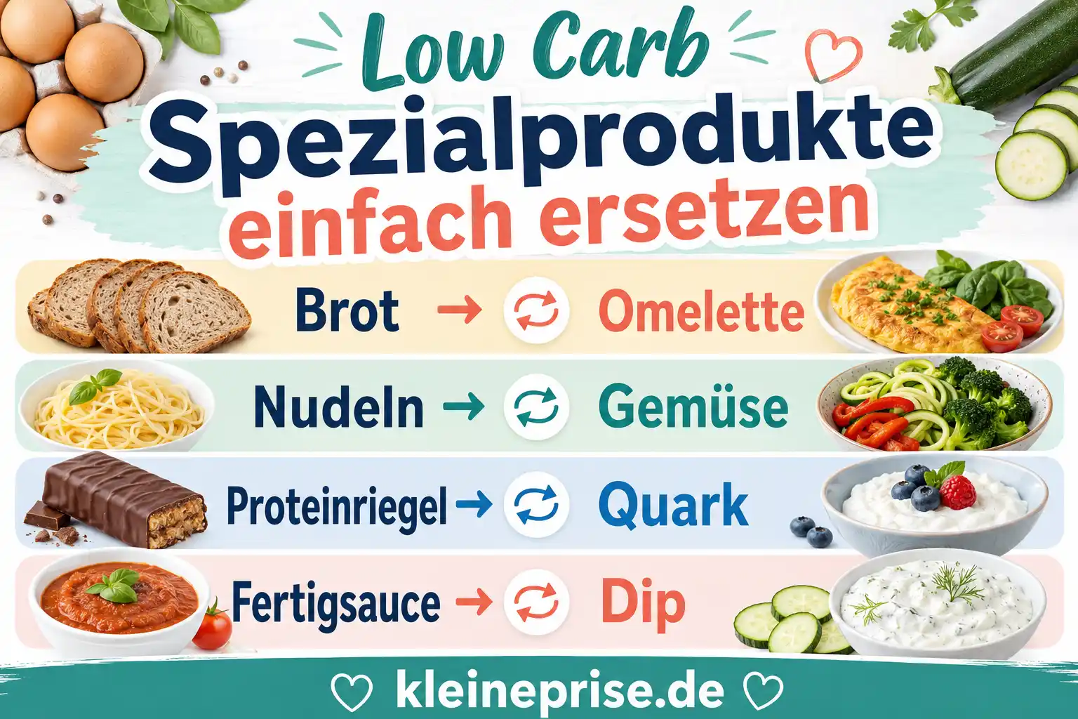 Low Carb Spezialprodukte einfach ersetzen Infografik zeigt einfache Alternativen zu Low-Carb-Spezialprodukten, zum Beispiel Brot durch Omelette, Nudeln durch Gemüse, Proteinriegel durch Quark und Fertigsauce durch Dip.