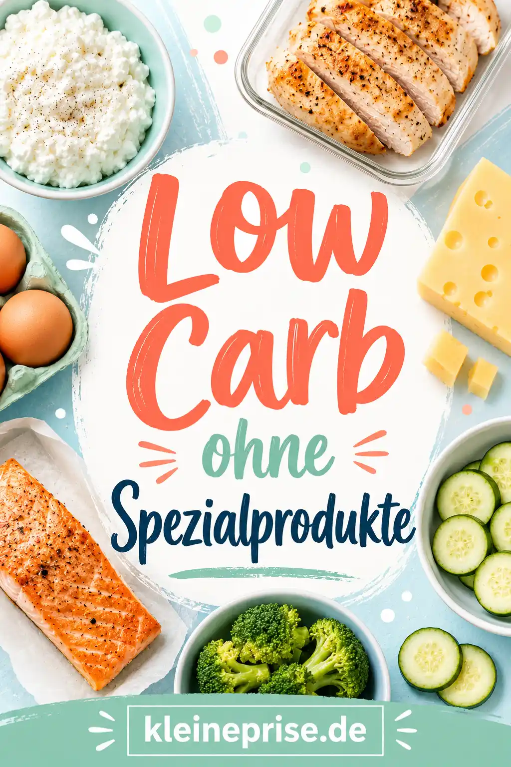 Low Carb ohne Spezialprodukte Pinterest Pin Pinterest-Grafik mit dem Schriftzug Low Carb ohne Spezialprodukte, normalen Low-Carb-Lebensmitteln und dem Webseitennamen kleineprise.de.