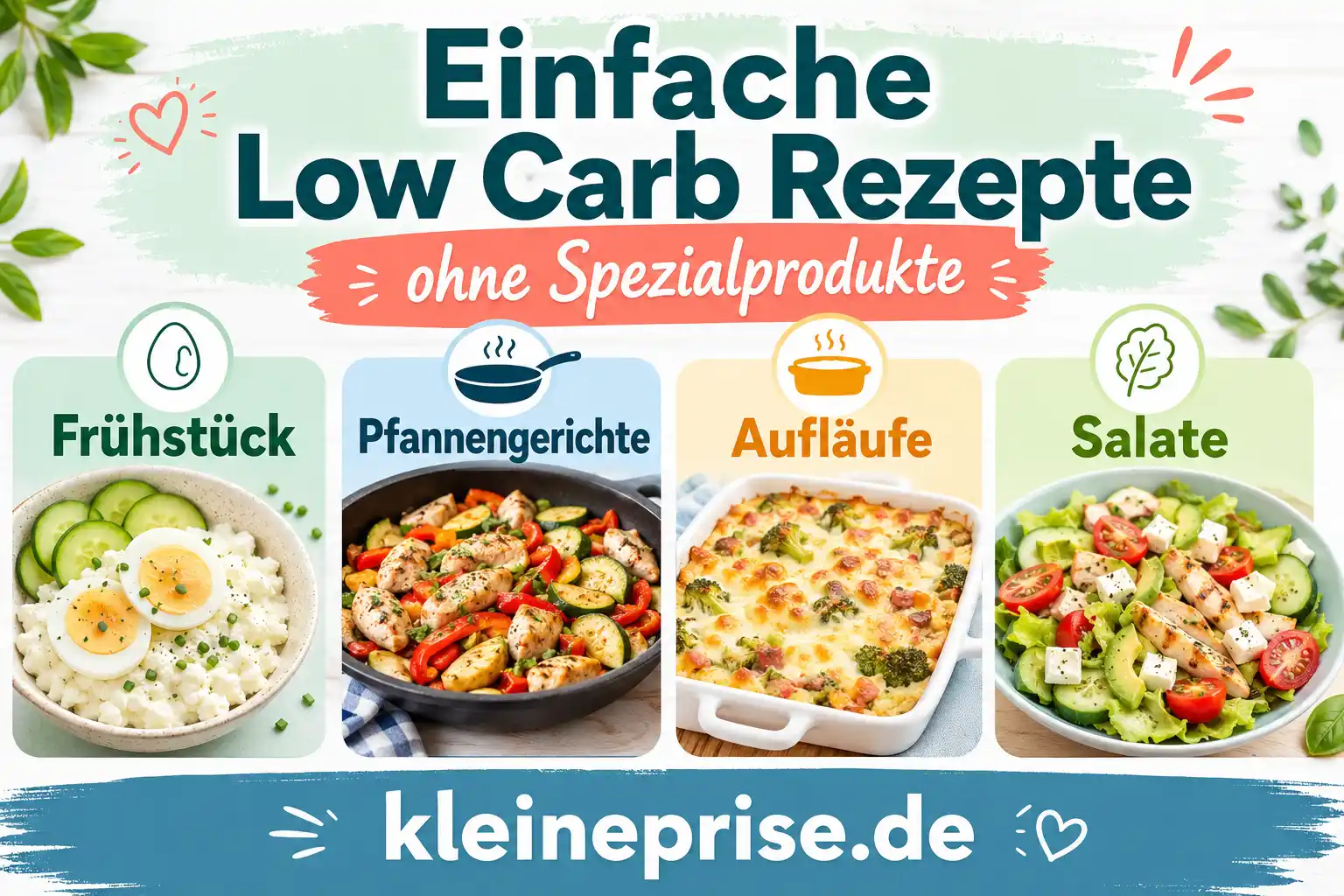 Einfache Low Carb Rezepte ohne Spezialprodukte Infografik zeigt einfache Low Carb Rezepte ohne Spezialprodukte in den Kategorien Frühstück, Pfannengerichte, Aufläufe und Salate.