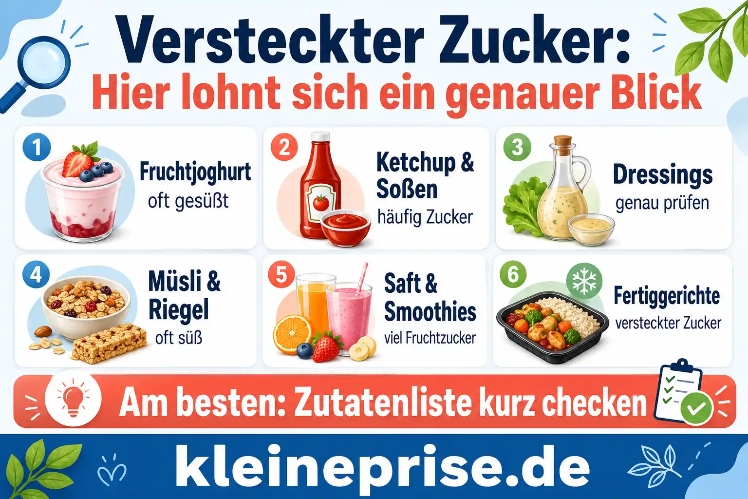 Versteckter Zucker hier lohnt sich ein genauer Blick Infografik über versteckten Zucker in Fruchtjoghurt, Ketchup, Soßen, Dressings, Müsli, Riegeln, Säften, Smoothies und Fertiggerichten.