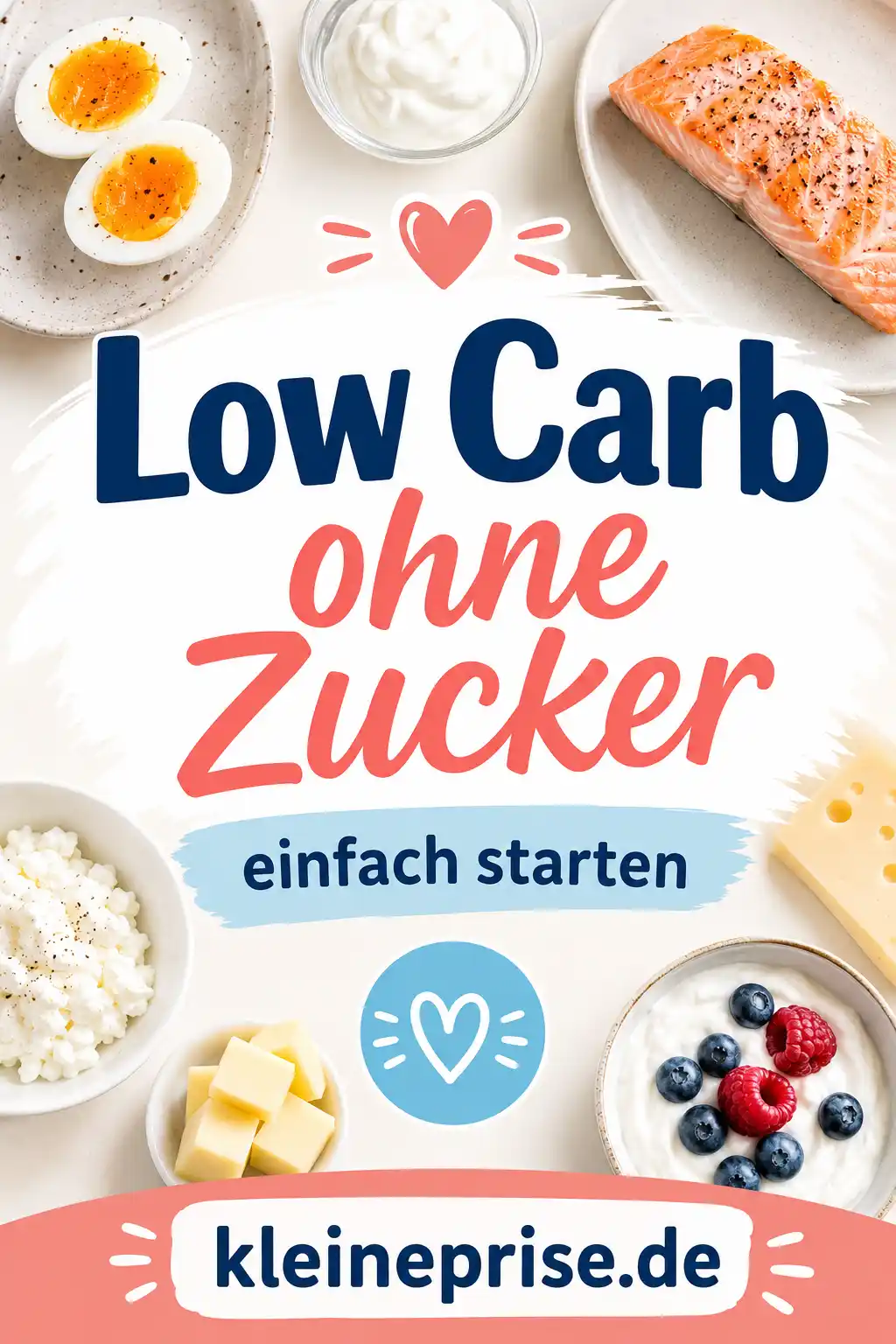 Low Carb ohne Zucker Pinterest Grafik Pinterest-Grafik zu Low Carb ohne Zucker mit auffälligem Schriftzug, hellen Farben und einfachen Low-Carb-Lebensmitteln.