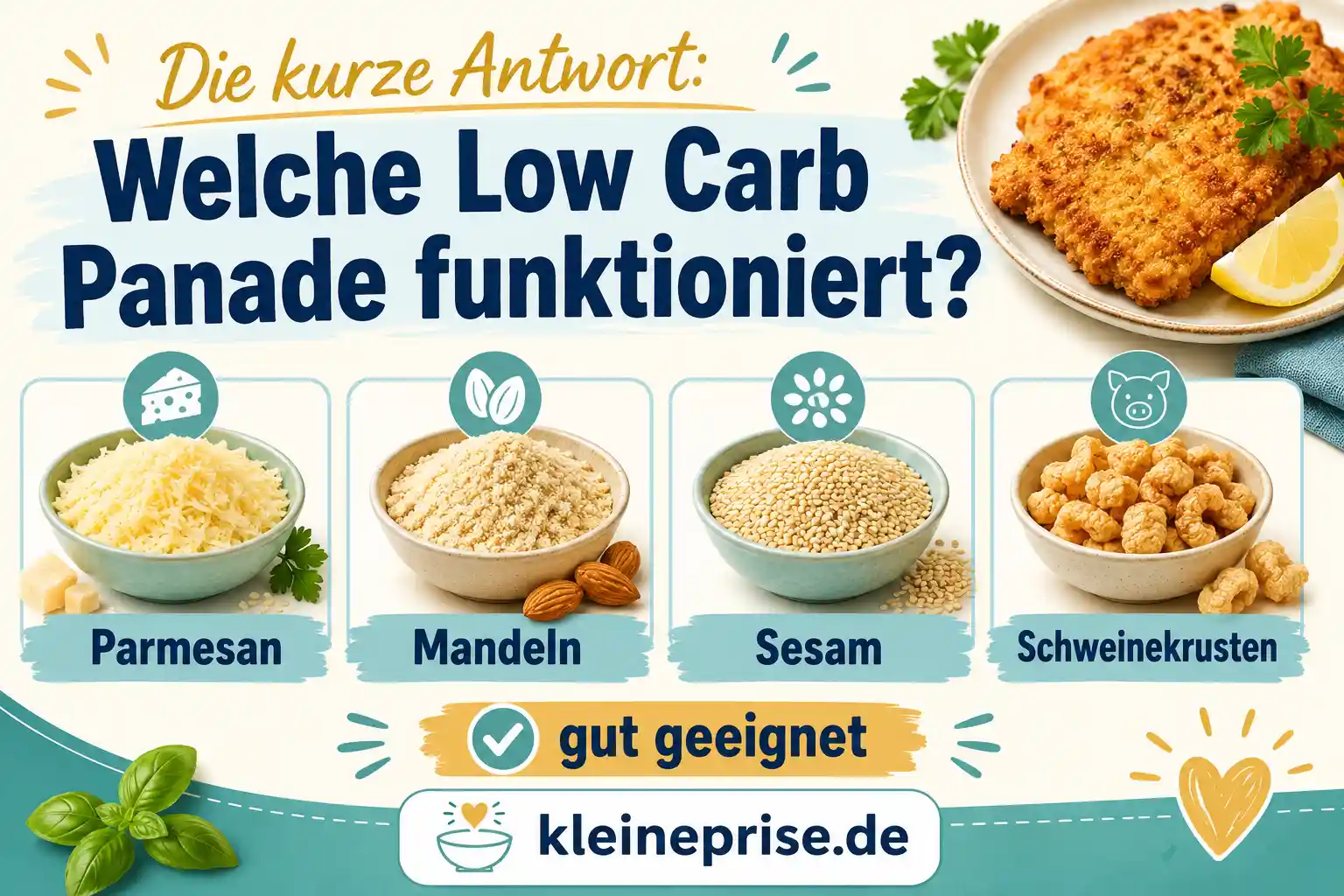 Die kurze Antwort: Welche Low Carb Panade funktioniert? Infografik erklärt, welche Low Carb Panade funktioniert, mit Parmesan, Mandeln, Sesam und Schweinekrusten als geeignete Alternativen zu Paniermehl.