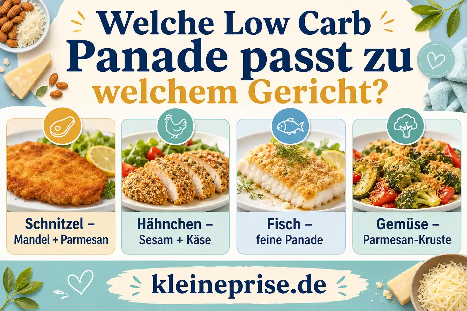 Welche Low Carb Panade passt zu welchem Gericht? Infografik zeigt, welche Low Carb Panade zu welchem Gericht passt, zum Beispiel Mandel-Parmesan-Panade für Schnitzel, Sesam-Käse-Panade für Hähnchen, feine Panade für Fisch und Parmesan-Kruste für Gemüse.