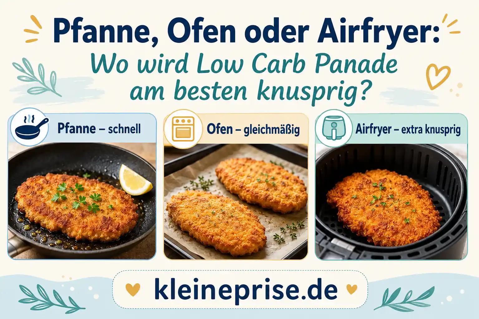 Pfanne, Ofen oder Airfryer: Wo wird Low Carb Panade am besten knusprig? Infografik vergleicht Pfanne, Ofen und Airfryer für Low Carb Panade und zeigt, wo die Panade schnell, gleichmäßig oder besonders knusprig wird.