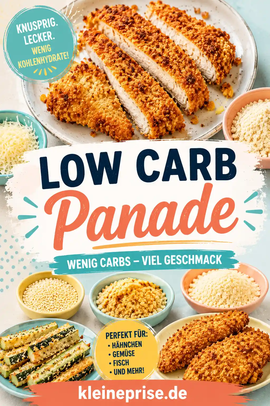 Low Carb Panade Pinterest Pin Pinterest-Grafik mit dem Schriftzug Low Carb Panade, knusprig paniertem Hähnchen, Gemüse, Parmesan, Mandelmehl, Sesam und dem Webseitennamen kleineprise.de.