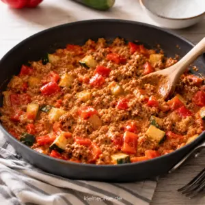 Low Carb Paprika-Hackfleisch-Pfanne Low Carb Paprika Hackfleisch Pfanne mit Zucchini und cremiger Tomatensoße in einer Pfanne