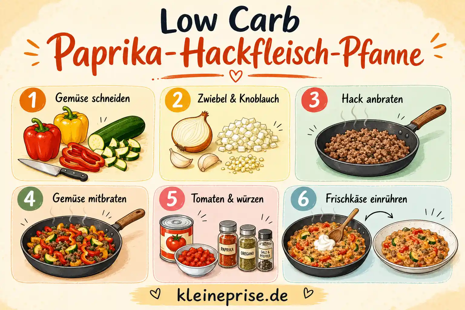 Low Carb Paprika Hackfleisch Pfanne Schritt für Schritt Schritt für Schritt Grafik für Low Carb Paprika Hackfleisch Pfanne mit Gemüse schneiden, Hack anbraten und Frischkäse einrühren