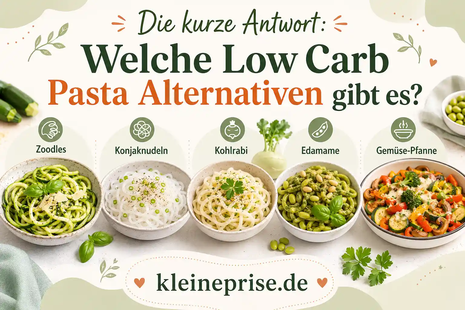 Die kurze Antwort: Welche Low Carb Pasta Alternativen gibt es? Infografik erklärt, welche Low Carb Pasta Alternativen es gibt, zum Beispiel Zoodles, Konjaknudeln, Kohlrabi, Edamame und Gemüse-Pfanne.