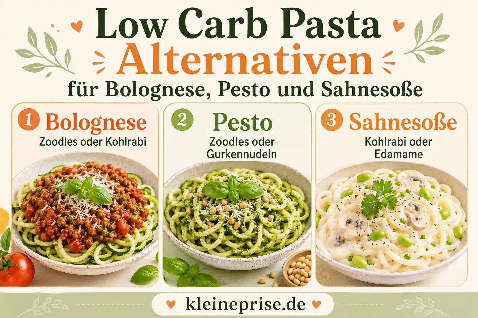 Low Carb Pasta Alternativen für Bolognese, Pesto und Sahnesoße Infografik zeigt Low Carb Pasta Alternativen für Bolognese, Pesto und Sahnesoße mit Zoodles, Kohlrabi, Gurkennudeln und Edamame.