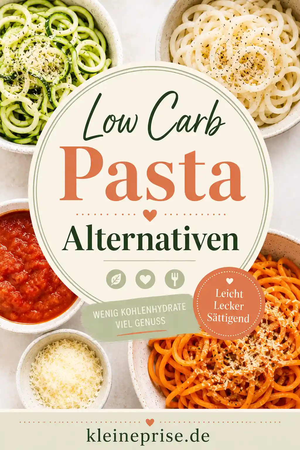 Low Carb Pasta Alternativen Pinterest Pin Pinterest-Grafik mit dem Schriftzug Low Carb Pasta Alternativen und verschiedenen Nudelalternativen wie Zoodles, Konjaknudeln, Gemüse-Nudeln, Soße und Käse.