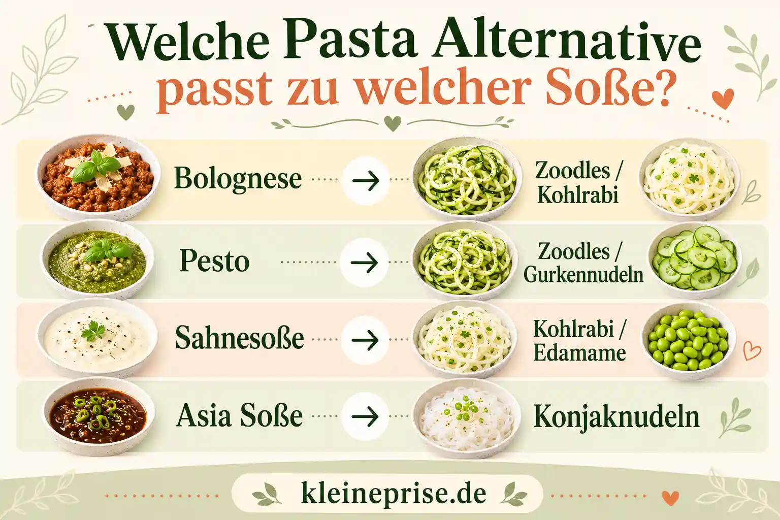 Welche Pasta Alternative passt zu welcher Soße? Infografik zeigt, welche Low Carb Pasta Alternative zu welcher Soße passt, zum Beispiel Bolognese mit Zoodles oder Kohlrabi, Pesto mit Zoodles oder Gurkennudeln, Sahnesoße mit Kohlrabi oder Edamame und Asia Soße mit Konjaknudeln.
