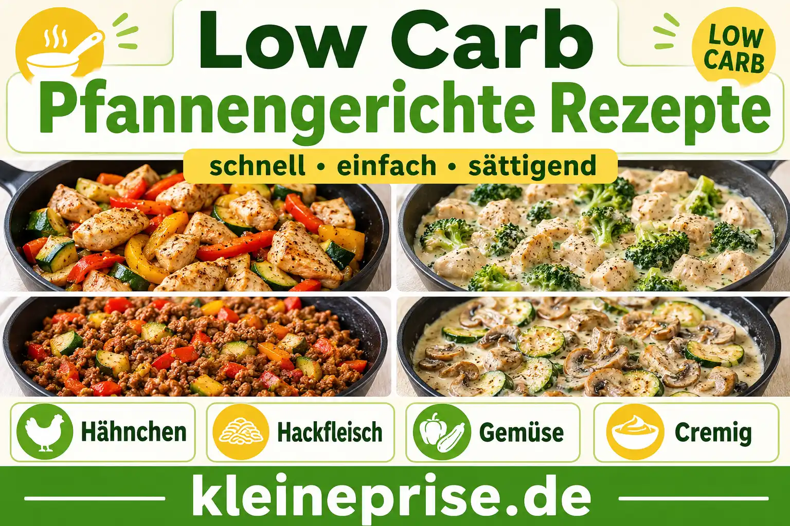 Low Carb Pfanne zusammenstellen Infografik Low Carb Pfanne zusammenstellen mit Ideen für Hähnchen, Hackfleisch, Gemüse und cremige Soßen