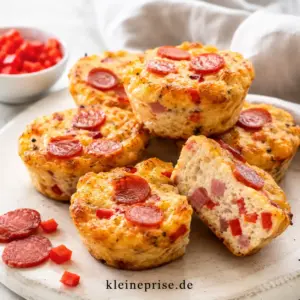 Low Carb Pizza Muffins einfach und schnell selber machen Low Carb Pizza Muffins auf einem Teller, goldbraun gebacken, mit Salami, Schinken, Paprika und Käse