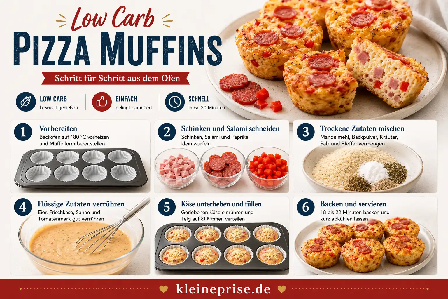 Low Carb Pizza Muffins Schritt für Schritt Anleitung Schritt für Schritt Anleitung für Low Carb Pizza Muffins mit 6 Bildern von der Vorbereitung bis zum fertigen Muffin