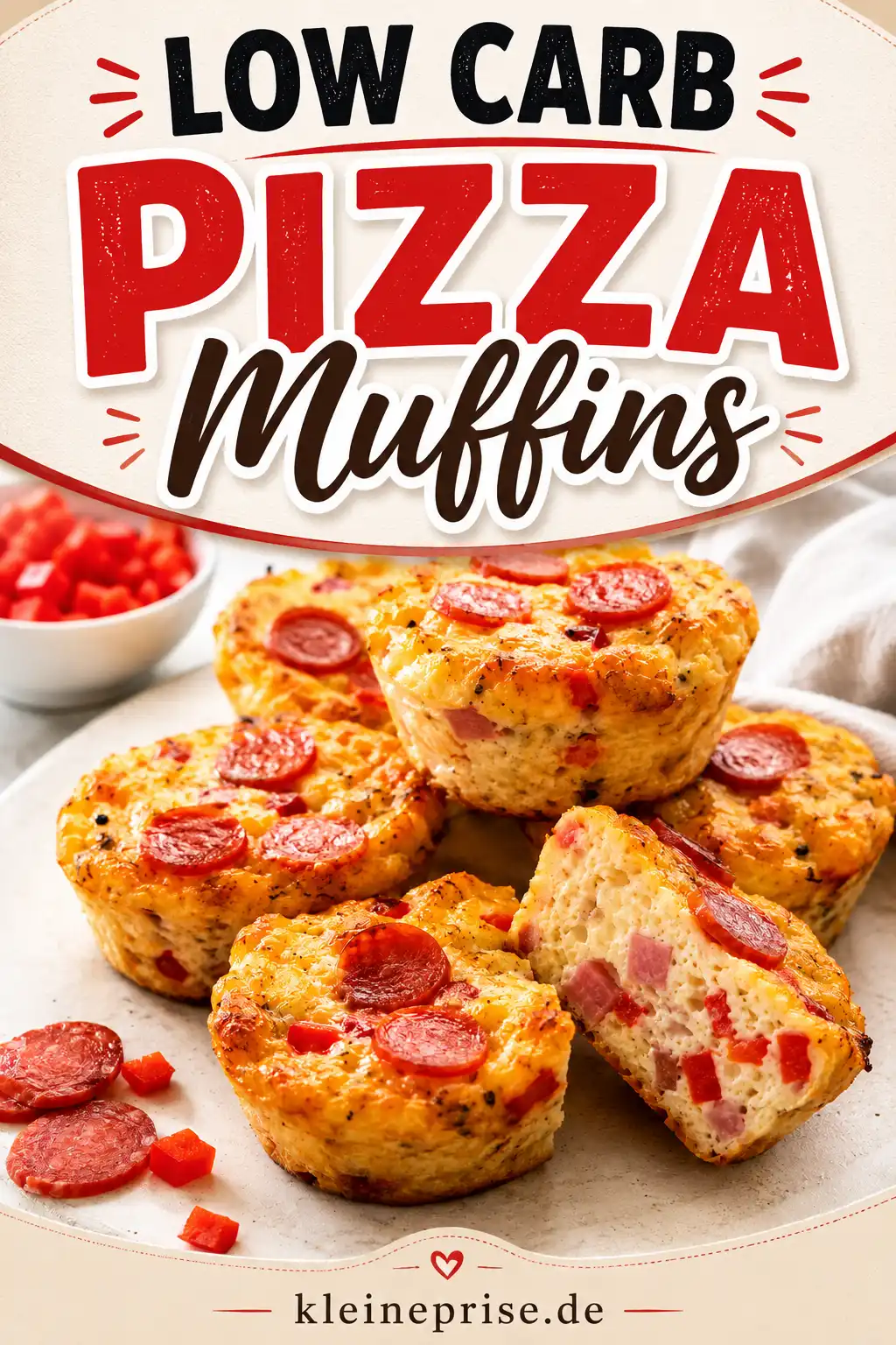 Low Carb Pizza Muffins Pinterest Pin Pinterest Grafik für Low Carb Pizza Muffins mit großem Schriftzug und appetitlichen herzhaften Muffins auf einem Teller