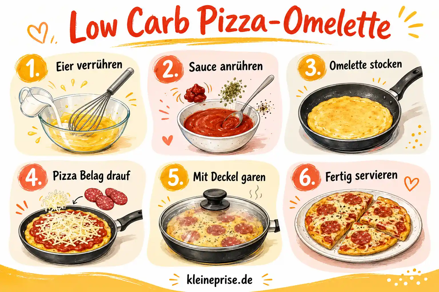 Low Carb Pizza-Omelette Schritt für Schritt Anleitung Schritt für Schritt Grafik für Low Carb Pizza-Omelette mit Eier verrühren, Sauce anrühren, braten, belegen und servieren