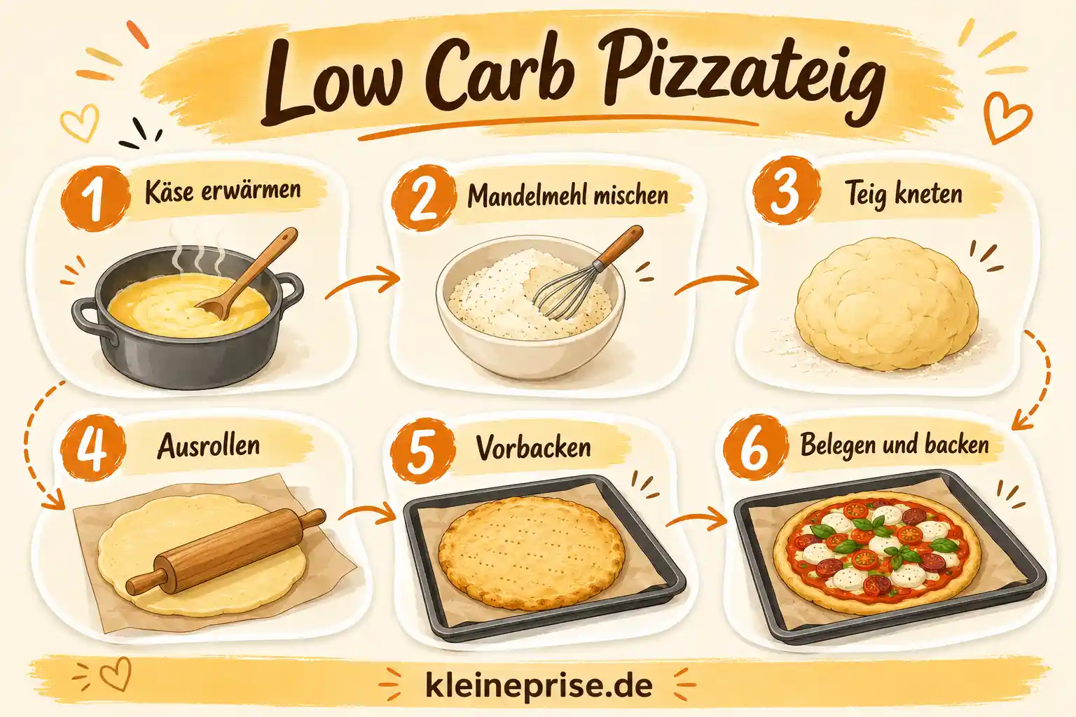 Low Carb Pizzateig einfach zubereiten Illustrierte Anleitung für Low Carb Pizzateig in sechs einfachen Schritten