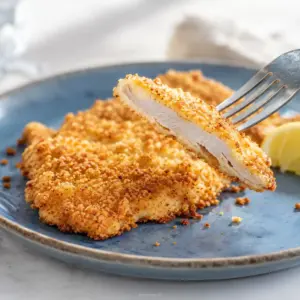 Low Carb Putenschnitzel ohne Paniermehl Low Carb Putenschnitzel mit goldbrauner Mandel Parmesan Panade auf azurblauem Teller