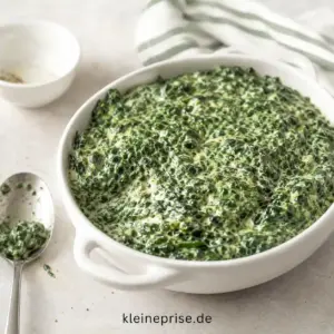 Low Carb Rahmspinat einfach und cremig selber machen Low Carb Rahmspinat mit Frischkäse in einer weißen Schale