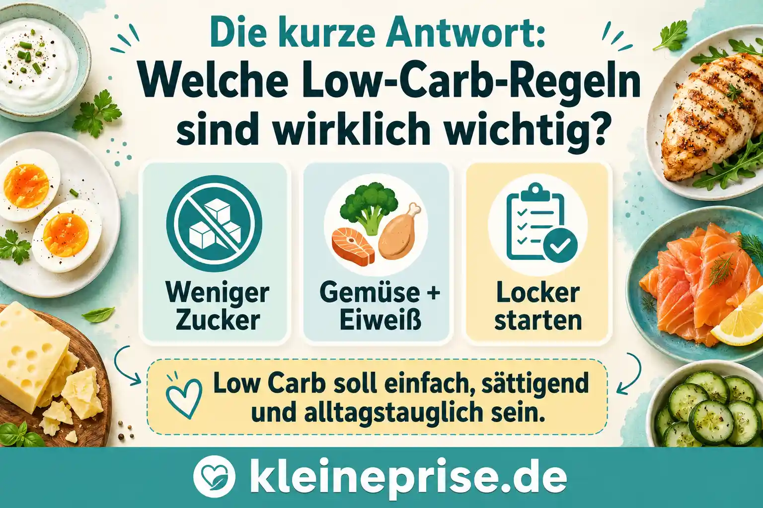 Die kurze Antwort: Welche Low-Carb-Regeln sind wirklich wichtig? Infografik zur kurzen Antwort auf die Frage, welche Low-Carb-Regeln wirklich wichtig sind.