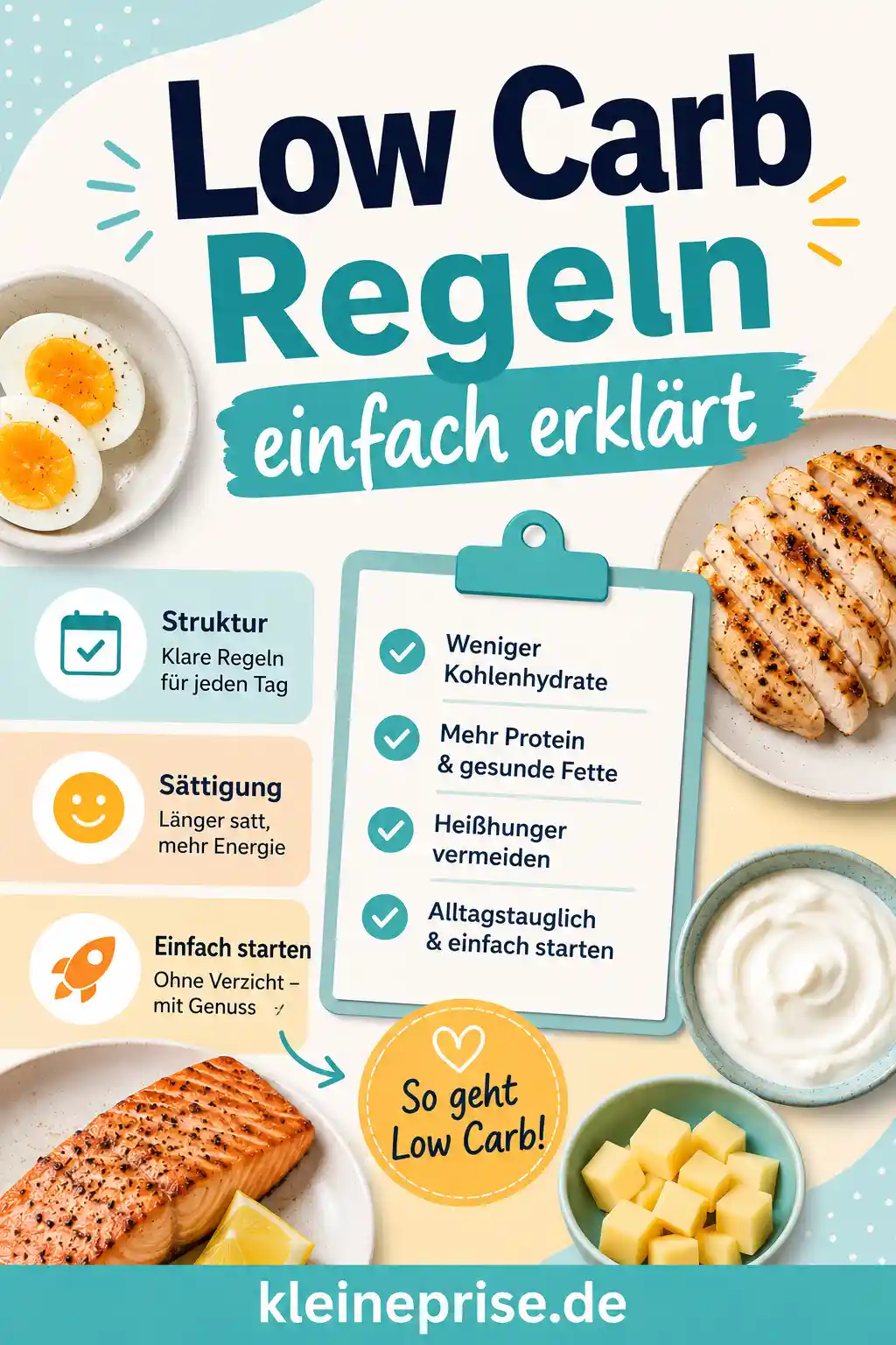 Low Carb Regeln einfach erklärt Pinterest Pin Pinterest-Grafik mit dem Schriftzug Low Carb Regeln einfach erklärt, passenden Low-Carb-Lebensmitteln und dem Webseitennamen kleineprise.de.