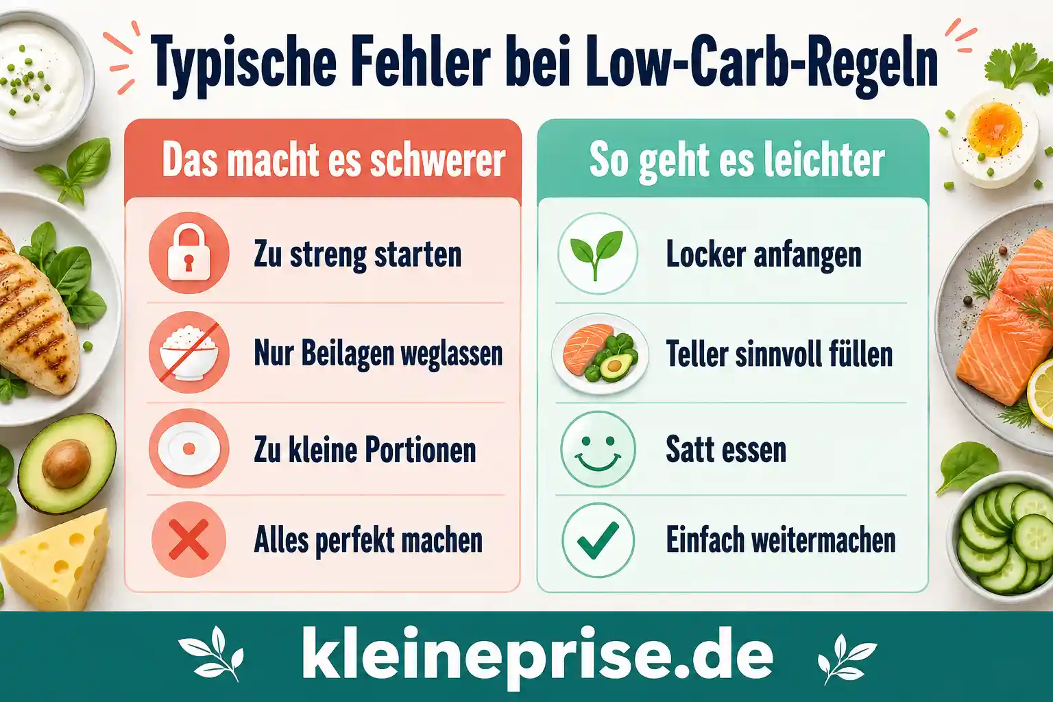 Typische Fehler bei Low-Carb-Regeln Infografik zeigt typische Fehler bei Low-Carb-Regeln und einfache Lösungen für den Alltag.