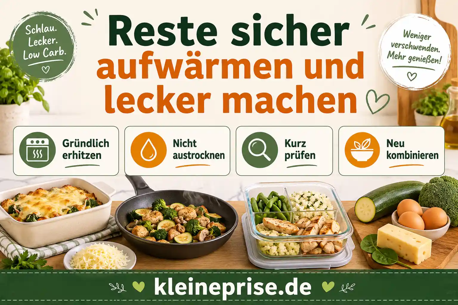 Reste sicher aufwärmen und lecker machen Infografik zum sicheren Aufwärmen von Low Carb Resten mit Tipps wie gründlich erhitzen, nicht austrocknen, kurz prüfen und neu kombinieren
