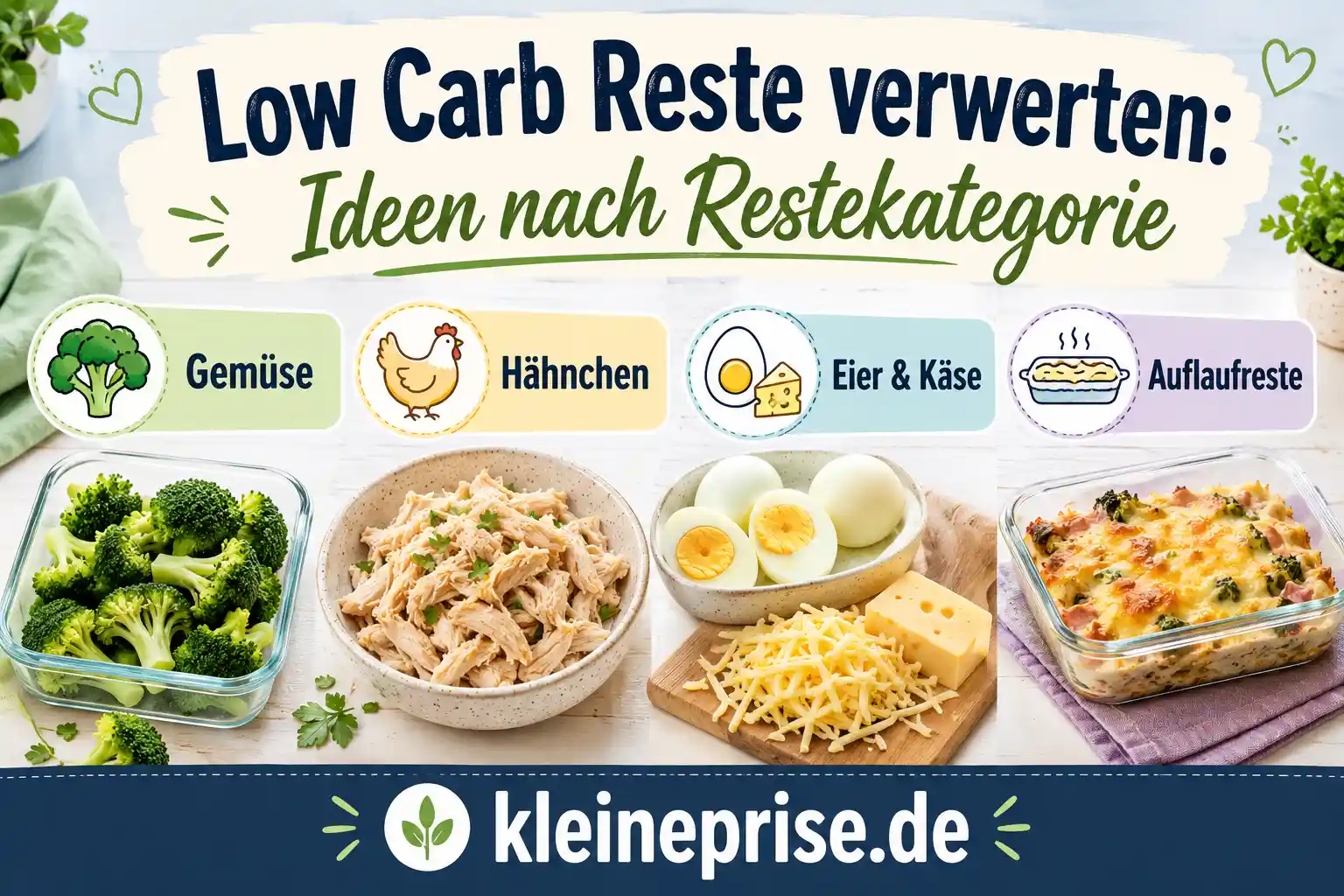 Low Carb Reste verwerten – Ideen nach Restekategorie Infografik zu Low Carb Reste verwerten mit Ideen nach Restekategorie wie Gemüse, Hähnchen, Eier und Käse sowie Auflaufreste