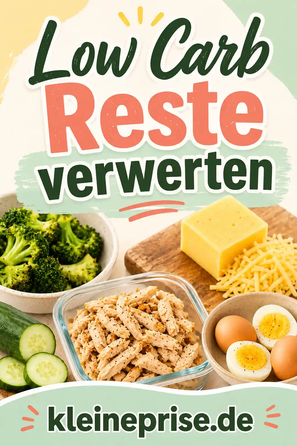 Low Carb Reste verwerten – Pinterest Bild Pinterest-Grafik zu Low Carb Reste verwerten mit großem Titel, Eiern, Hähnchen, Brokkoli, Gurke, Käse und Aufbewahrungsboxen