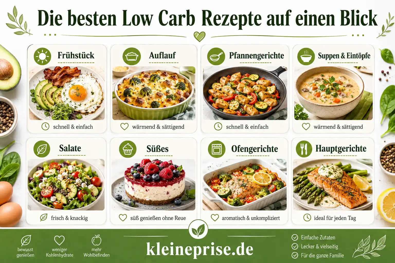 Die besten Low Carb Rezepte auf einen Blick Übersicht der besten Low Carb Rezepte mit Frühstück, Auflauf, Pfannengerichten, Suppen, Salaten, Süßem, Ofengerichten und Hauptgerichten