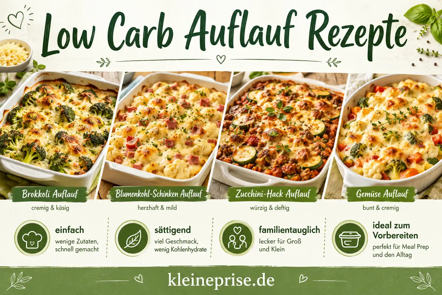 Low Carb Auflauf Rezepte Low Carb Auflauf Rezepte mit Brokkoli Auflauf, Blumenkohl Auflauf, Hackfleisch Gemüse Auflauf und Hähnchen Feta Auflauf