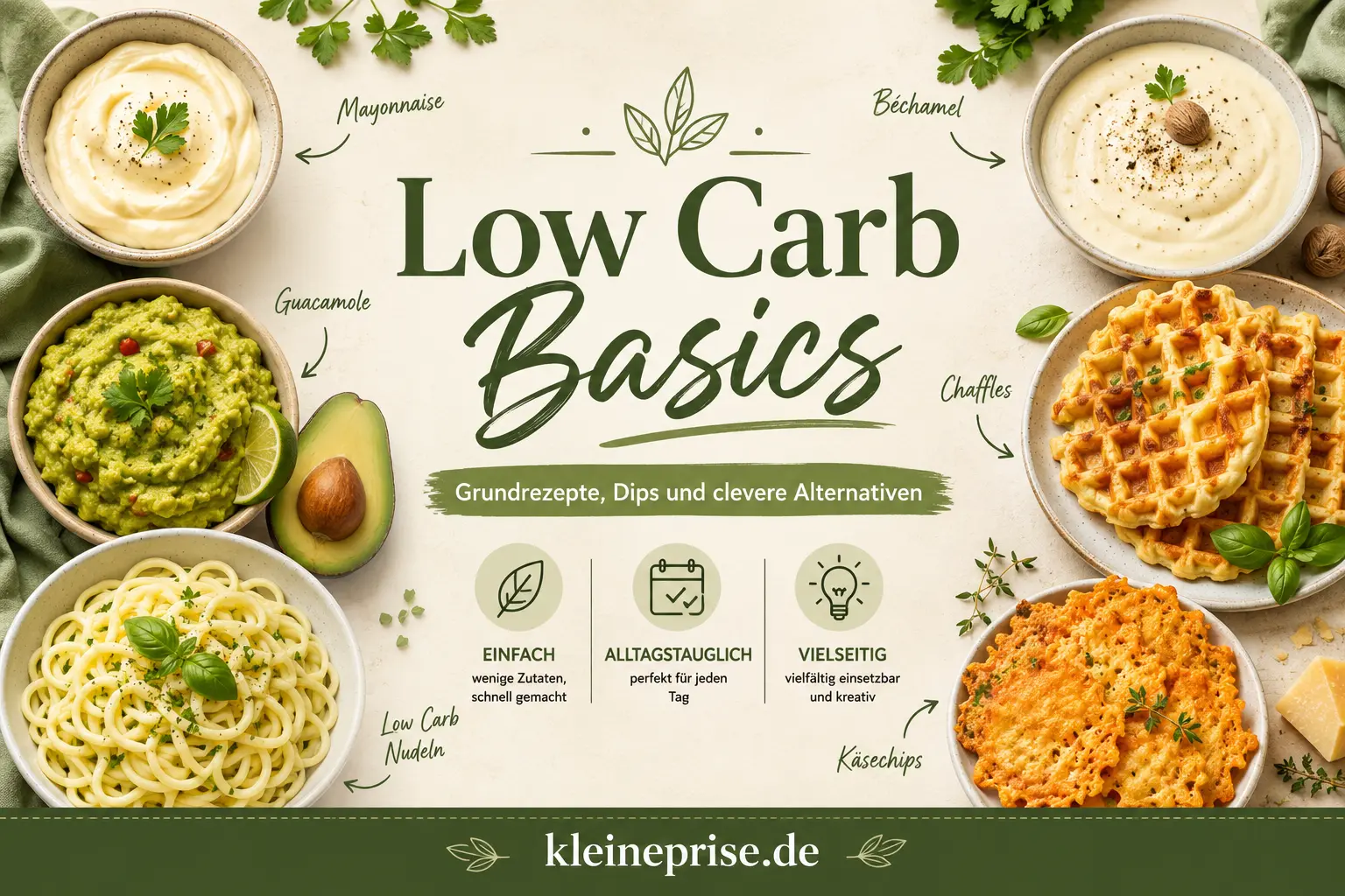 Low Carb Basics Low Carb Basics mit Mayonnaise, Guacamole, Low Carb Nudeln, Béchamel Sauce, Chaffles und Käsechips