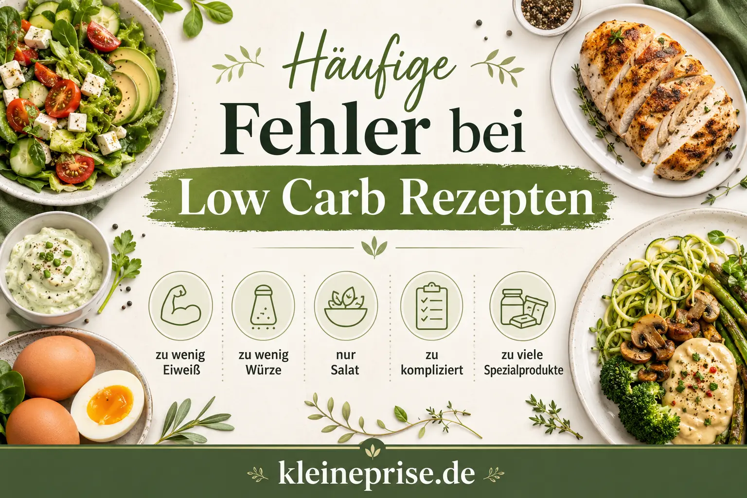 Häufige Fehler bei Low Carb Rezepten Häufige Fehler bei Low Carb Rezepten wie zu wenig Eiweiß, zu wenig Würze, nur Salat, zu kompliziert und zu viele Spezialprodukte