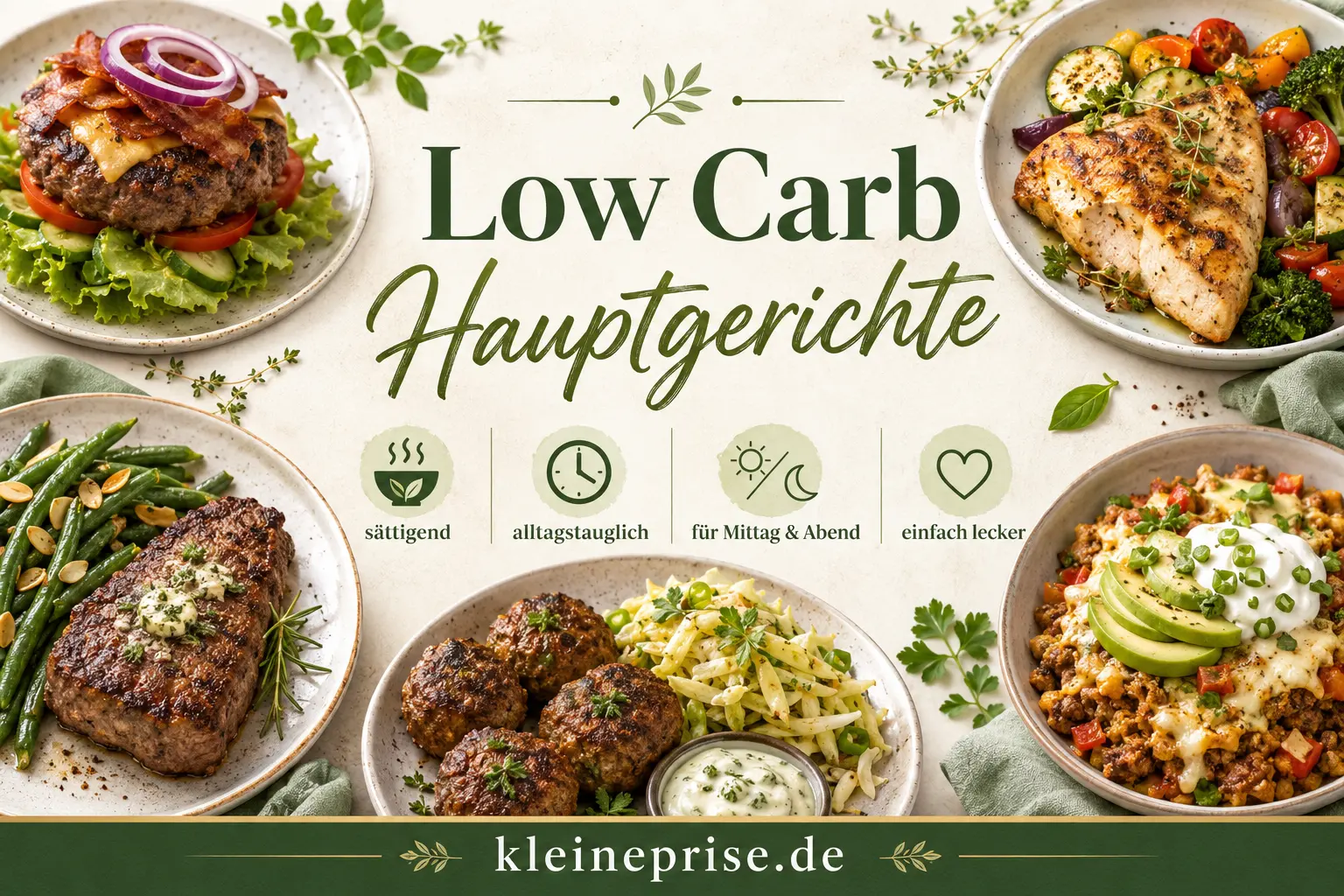 Low Carb Hauptgerichte Low Carb Hauptgerichte mit Burger ohne Brötchen, Hähnchen, Steak, Frikadellen und Gemüse