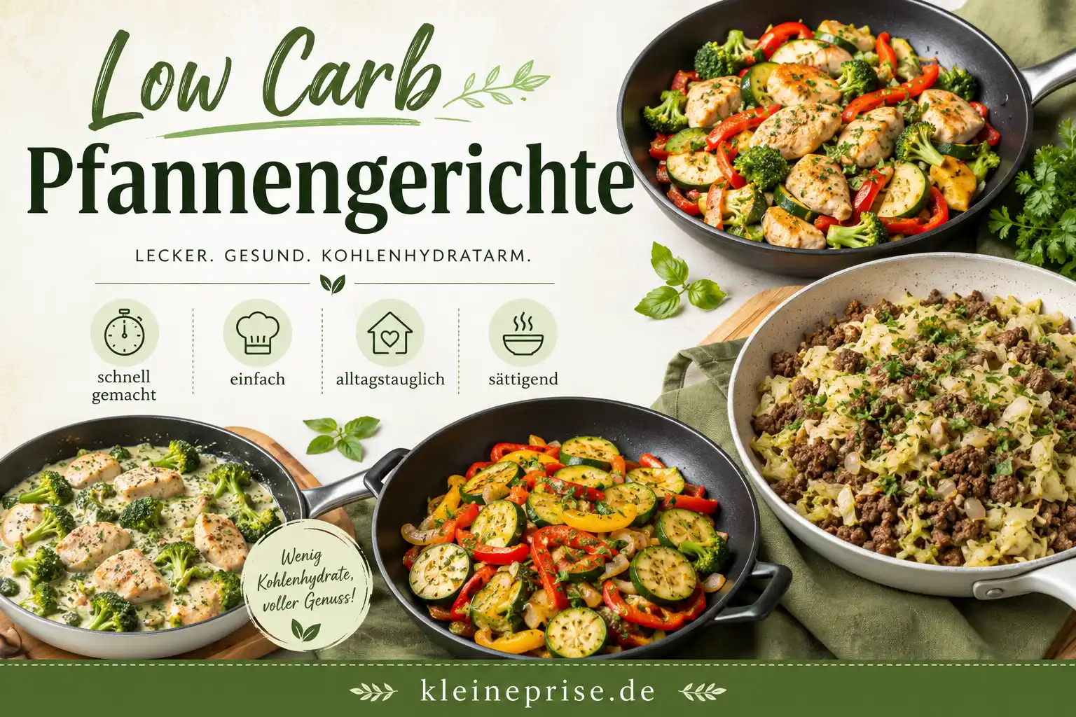 Low Carb Pfannengerichte Low Carb Pfannengerichte mit Hähnchen, Gemüse, Hackfleisch, Kohl, Champignons und Paprika