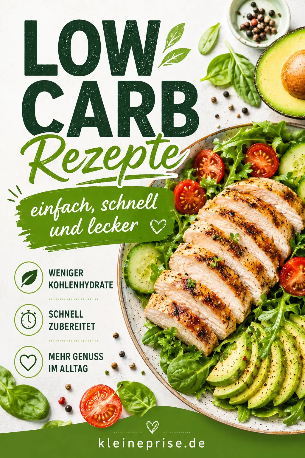 Pinterest Low Carb Rezepte Pinterest Bild zu Low Carb Rezepte mit Hähnchen, Avocado, Salat und dem Schriftzug Low Carb Rezepte